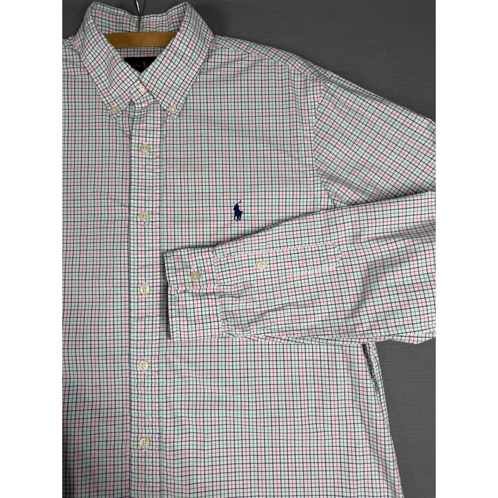 Ralph Lauren Button Down Shirt Large Plaid Checked Cotton Preppy Casual Pastels